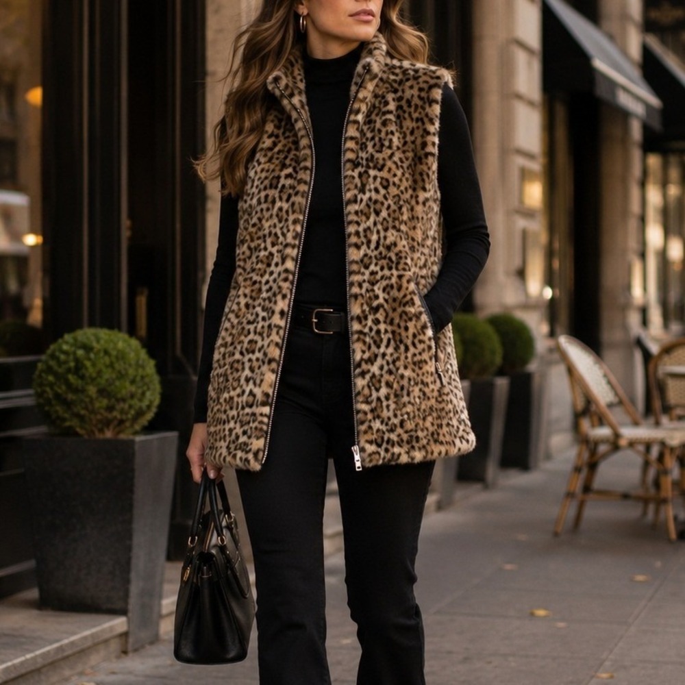 Reversible Leopard Faux Fur Black Vest Womens Longline Y2K Zip Pockets